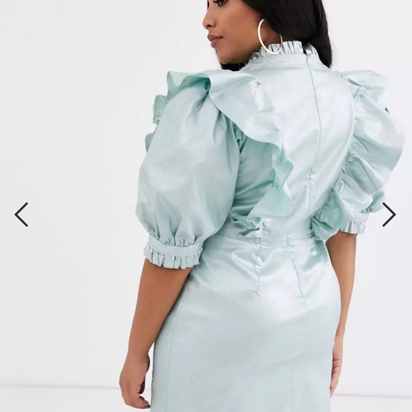 ASOS DESIGN Curve denim metallic dress with high neck and frill detail - Picture 2 of 12